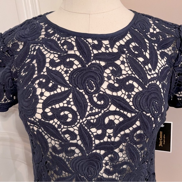 NWT Juicy Couture Guipuere Lace Short Sleeve Top - Regal Blue - Picture 2 of 5